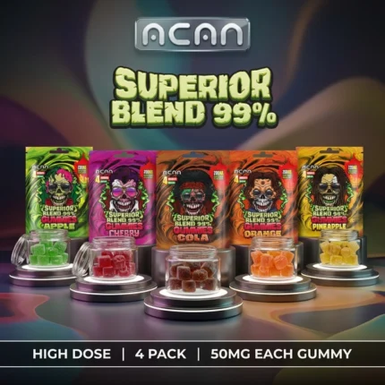 ACAN Superior Blend 99% Gummies 50mg high dose flavour range display apple cherry cola orange pineapple on podium THC free lab tested